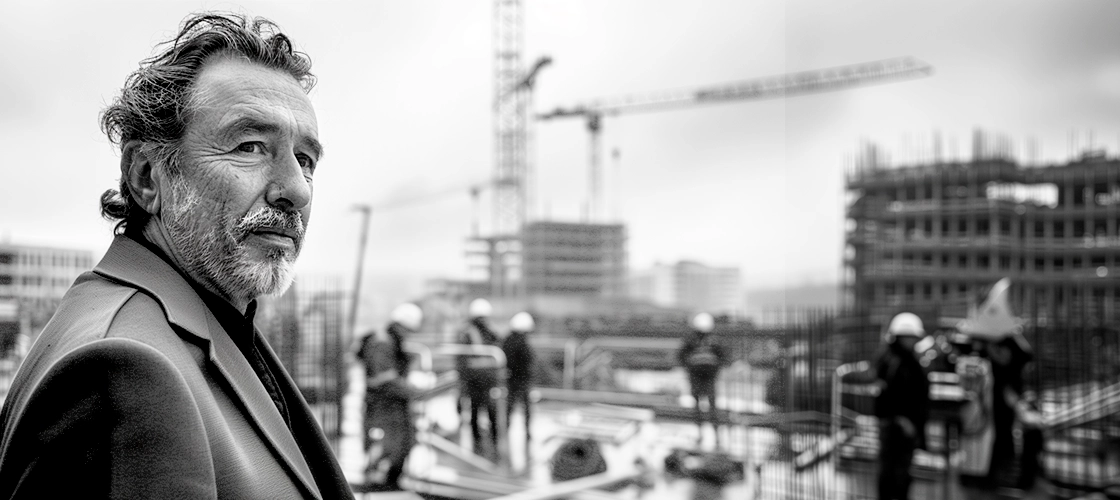 Photo noir et blanc d'un expert Alkera sur un chantier de construction